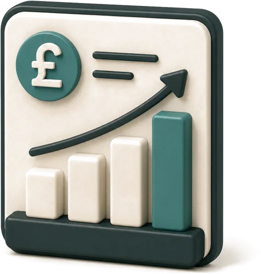 3D illustration of an owner statement showing a pound sign and a rising booking revenue chart