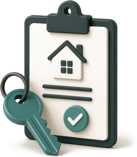 3D illustration of a property handover: a clipboard with a house document, an approval tick and a key