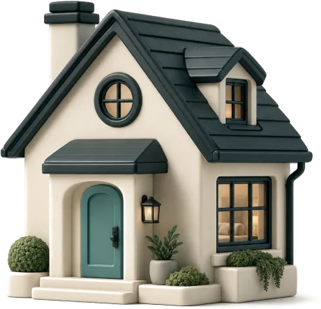3D illustration of a well-kept miniature house with a teal front door, lit windows and tidy planting