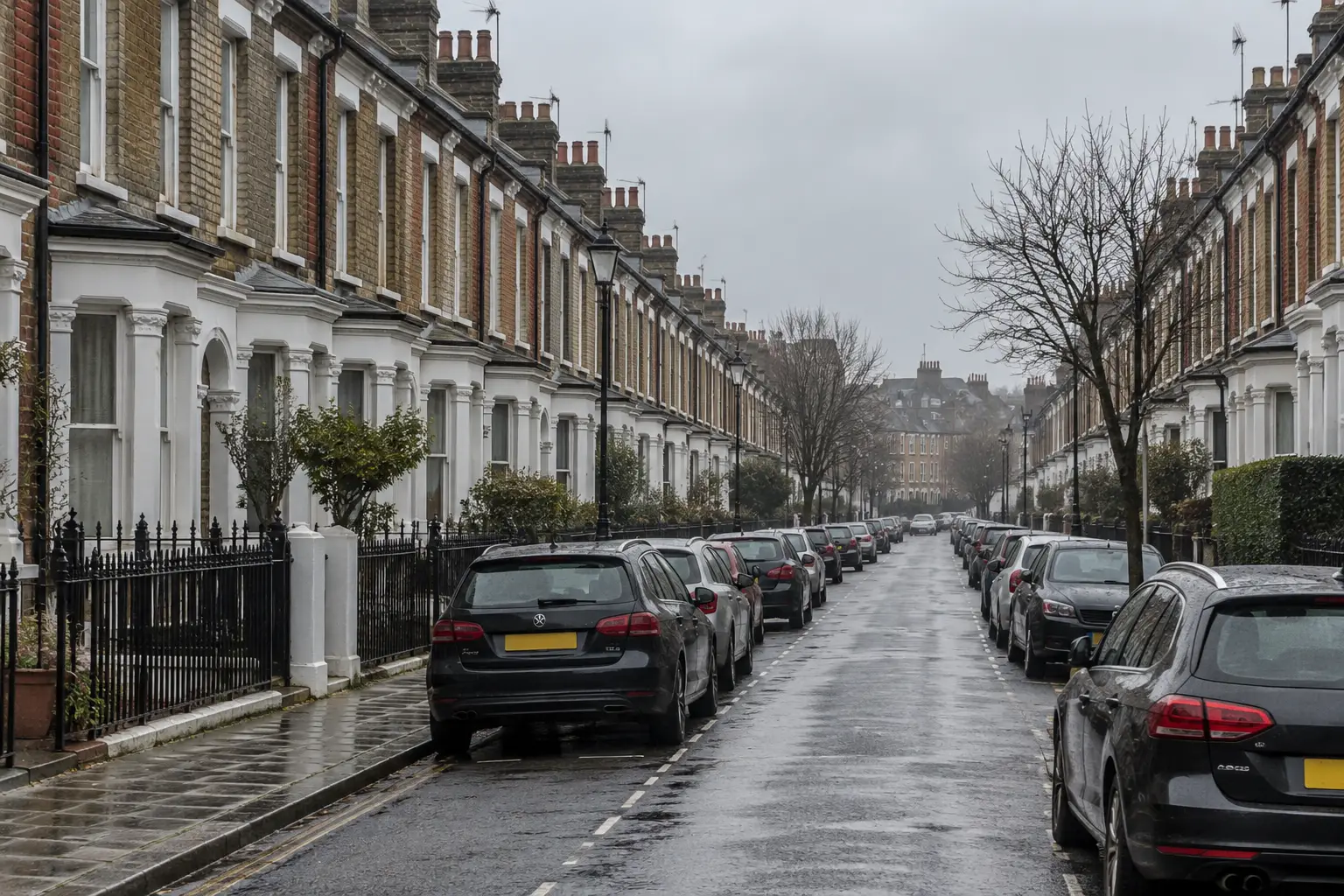A wide view of a London terraced street of brick townhouses under heavy grey cloud, seen from a distance with the buildings small in the frame