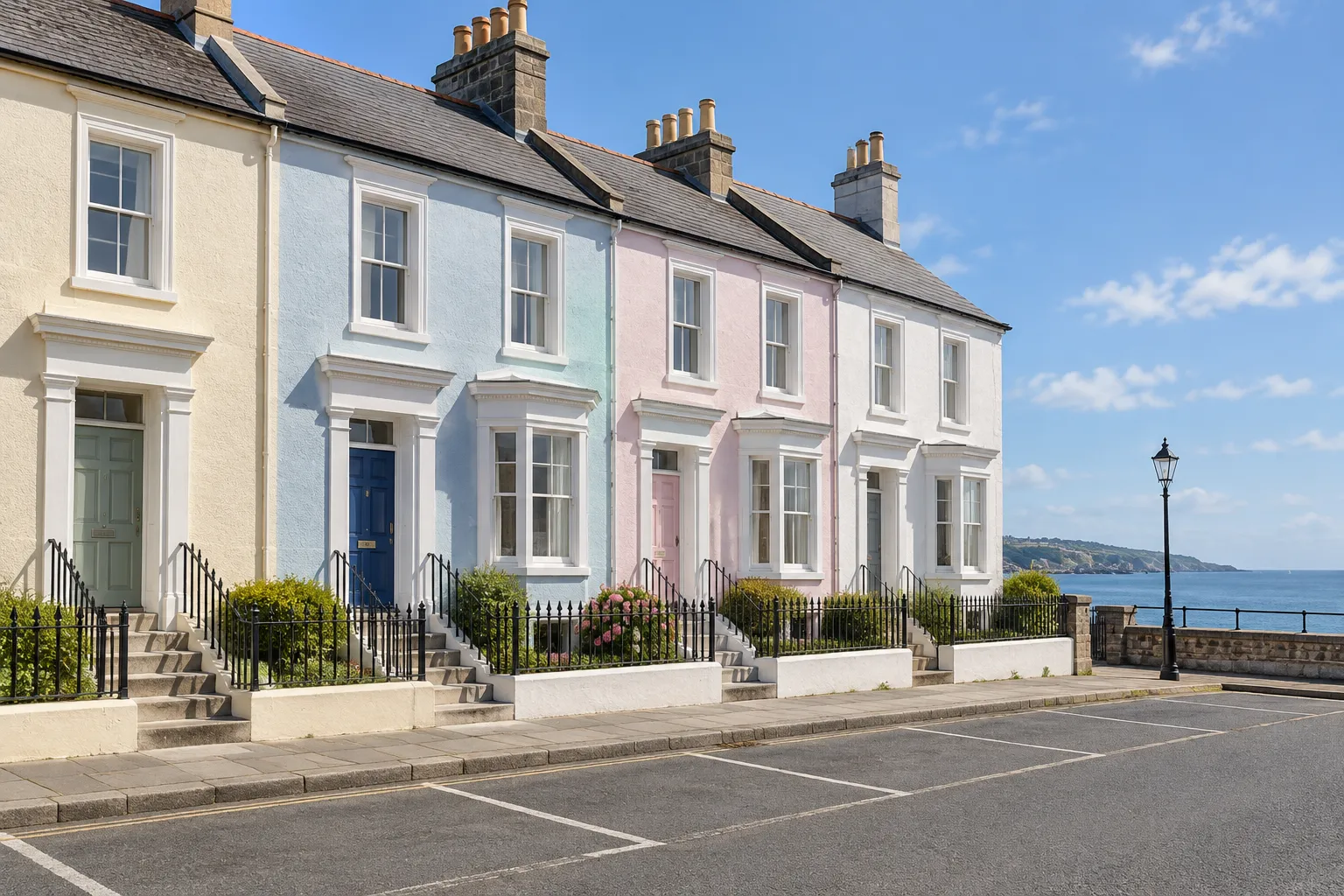 A row of pastel seaside holiday houses in bright summer light with empty parking bays and closed windows