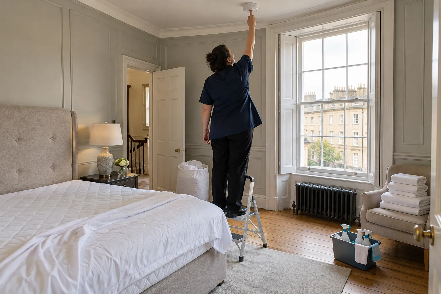 A housekeeper on a small stepladder presses the test button of a ceiling smoke alarm in a panelled Georgian guest bedroom mid-changeover, the bed stripped to its mattress protector, used linen bagged by the door and fresh towels folded on a chair
