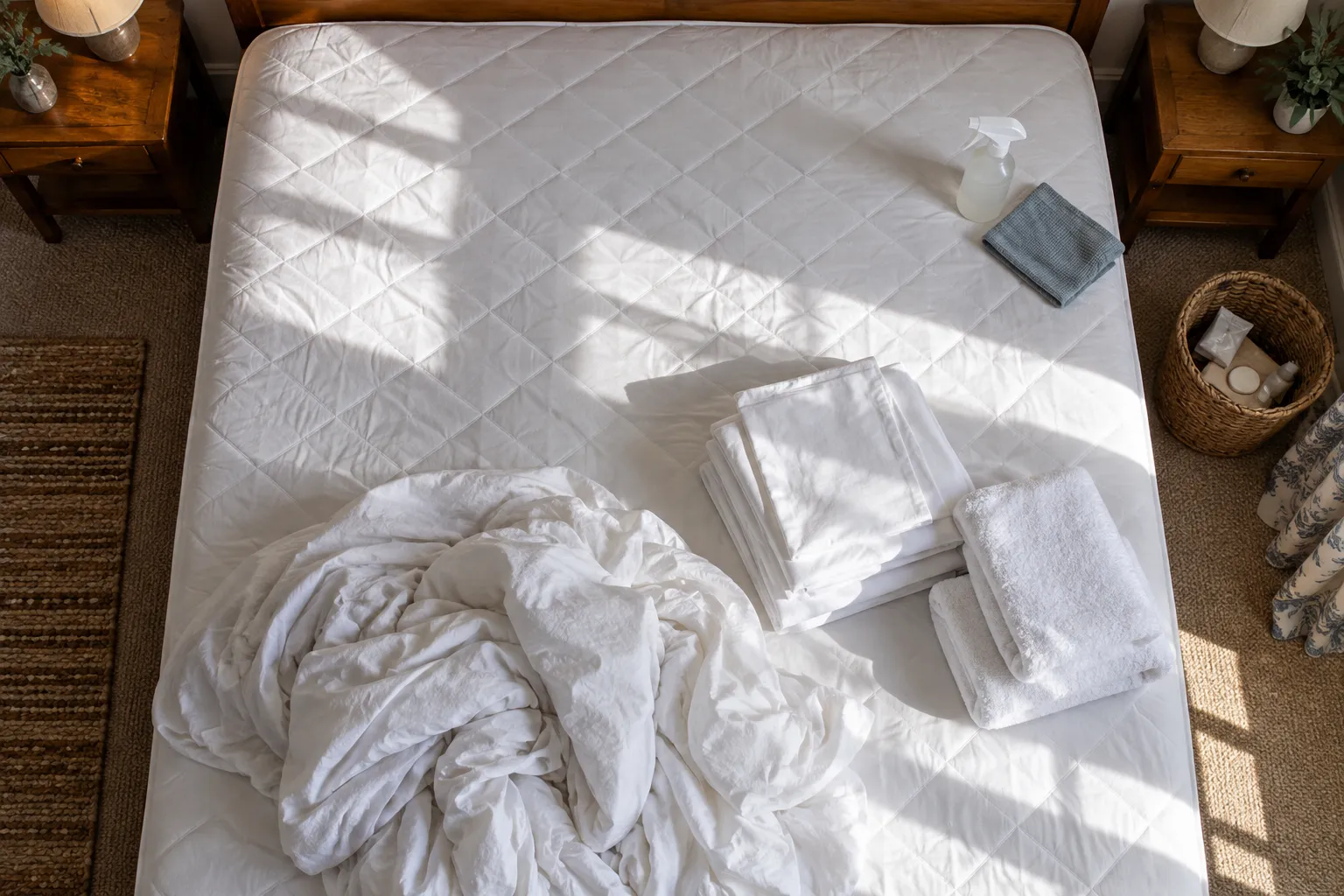 A stripped bed mid-changeover seen from directly above, used bedding bundled at the foot and a fresh folded set waiting beside it