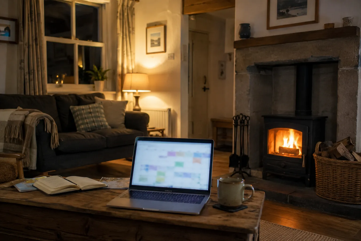 A holiday-let living room in the evening, a laptop open on the coffee table and the wood-burning stove lit
