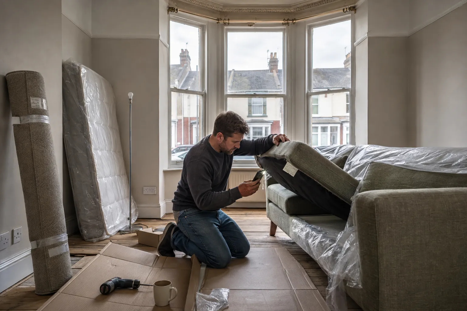 A person kneeling beside a new sofa in a half-furnished front room, lifting a cushion to read the fire-safety label