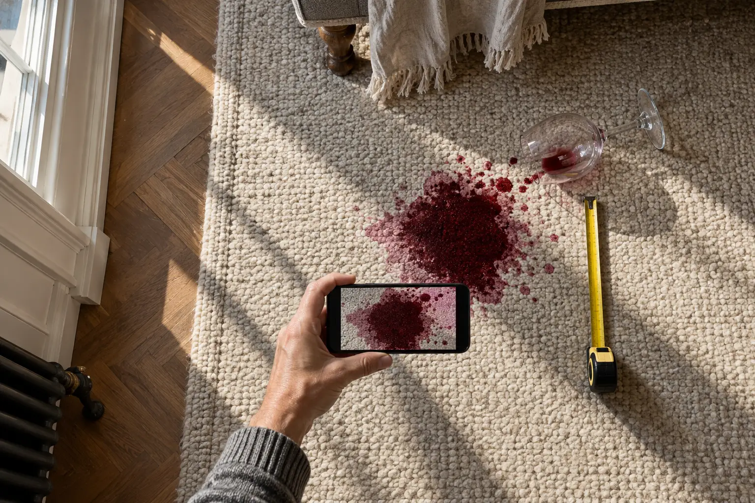 Seen from above, a hand holds a phone over a fresh red wine spill on a pale wool rug, photographing it, with a knocked-over wine glass and an open tape measure beside the stain