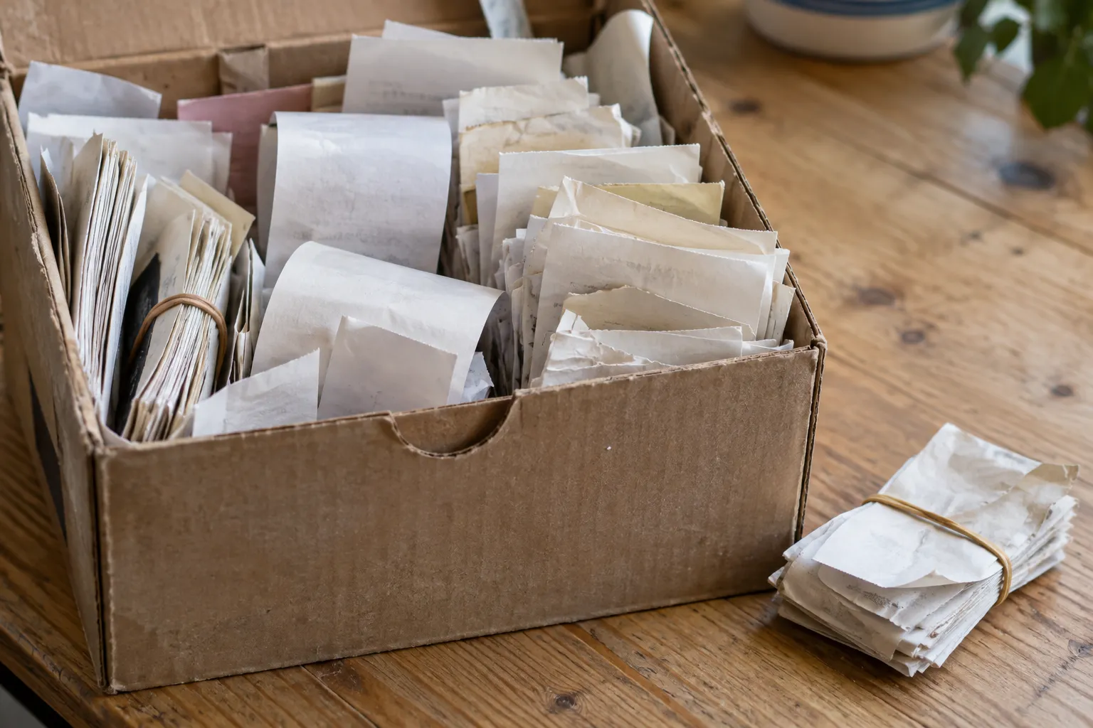 A shoebox of folded changeover receipts photographed close up on a worn pine table in flat overcast light