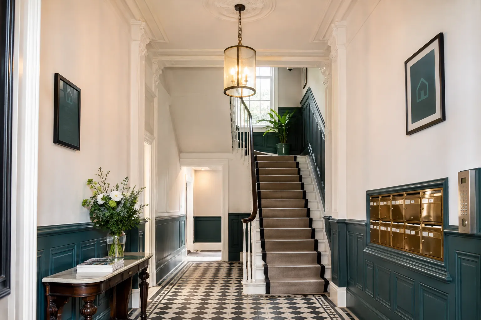 The entrance hall of a smart period mansion block, with brass letterboxes, panelled walls and flowers on the console table