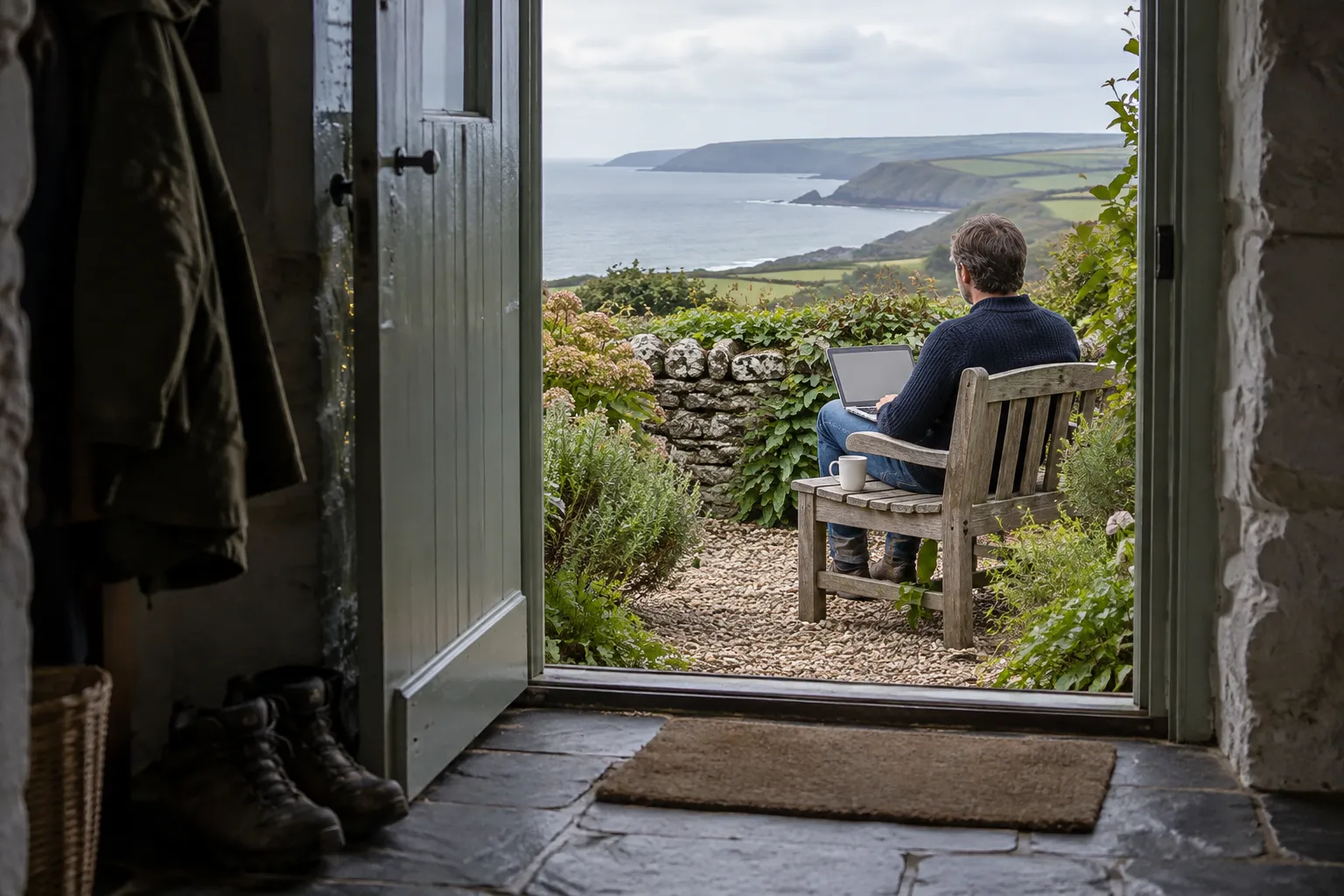 Seen through the open front door of a stone cottage porch, an owner on a garden bench with a laptop on their knees looks up from typing at fields running down to the sea