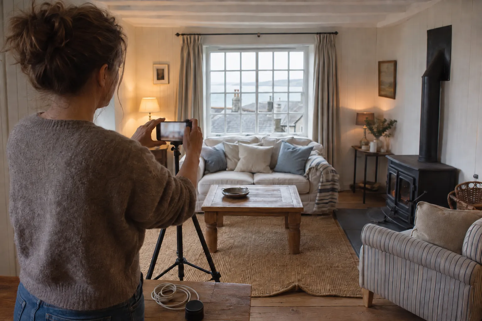 Someone photographing a staged cottage sitting room on a phone mounted on a tripod, lamps lit and the sea through the window