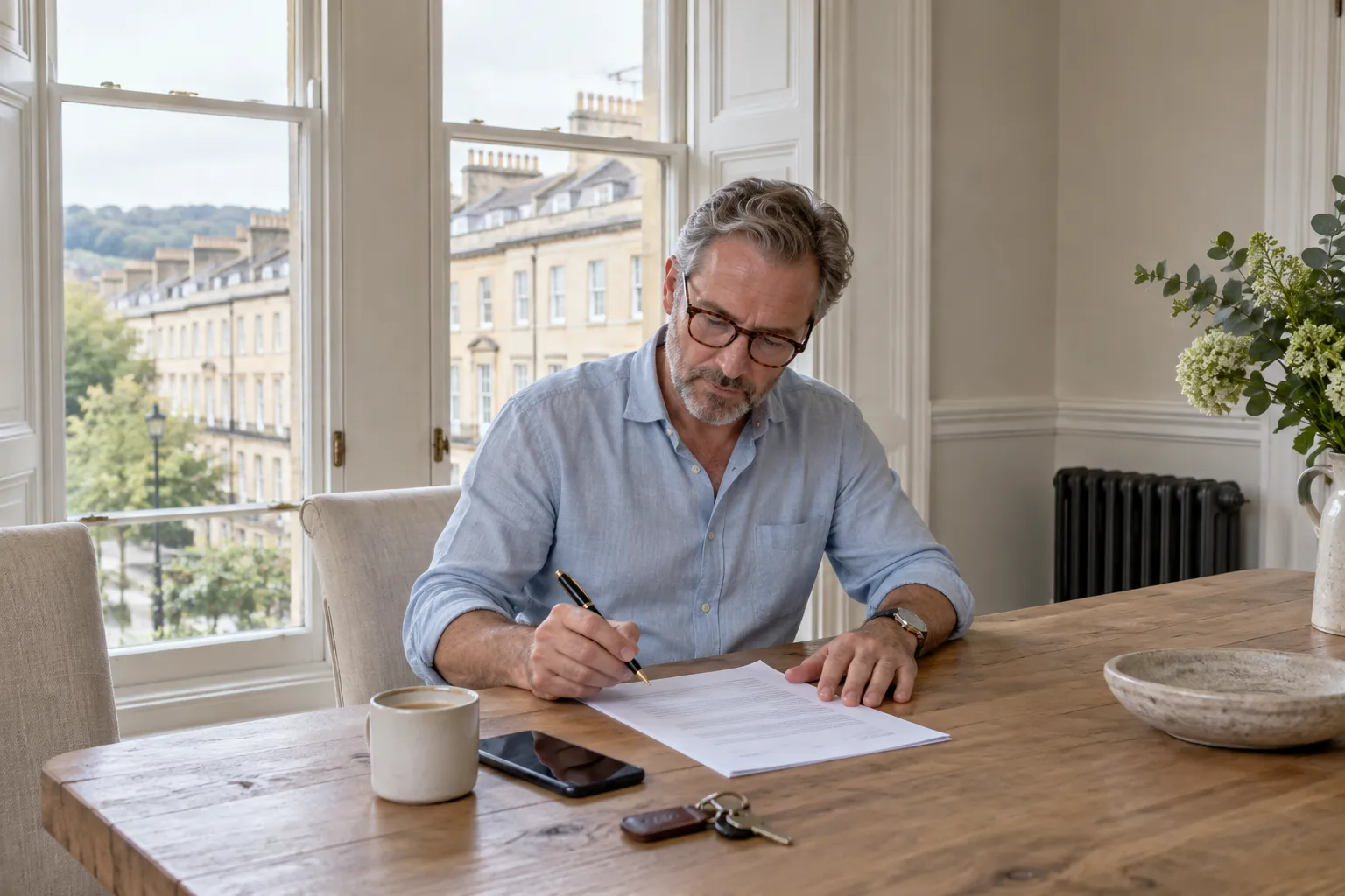 A man in reading glasses pauses with a pen over a printed management agreement, Georgian terraces through the window behind