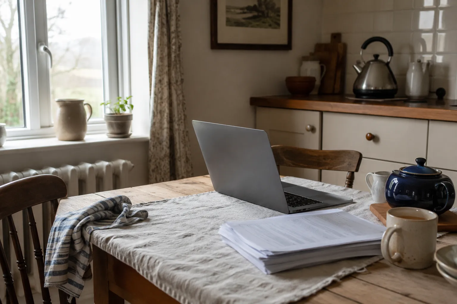 A kitchen table with a laptop and paperwork, working through Airbnb management costs