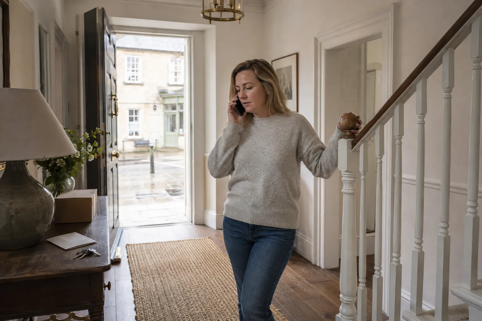 An owner on the phone in the hallway of a Georgian townhouse, the front door open onto a wet market-town street of pale stone buildings