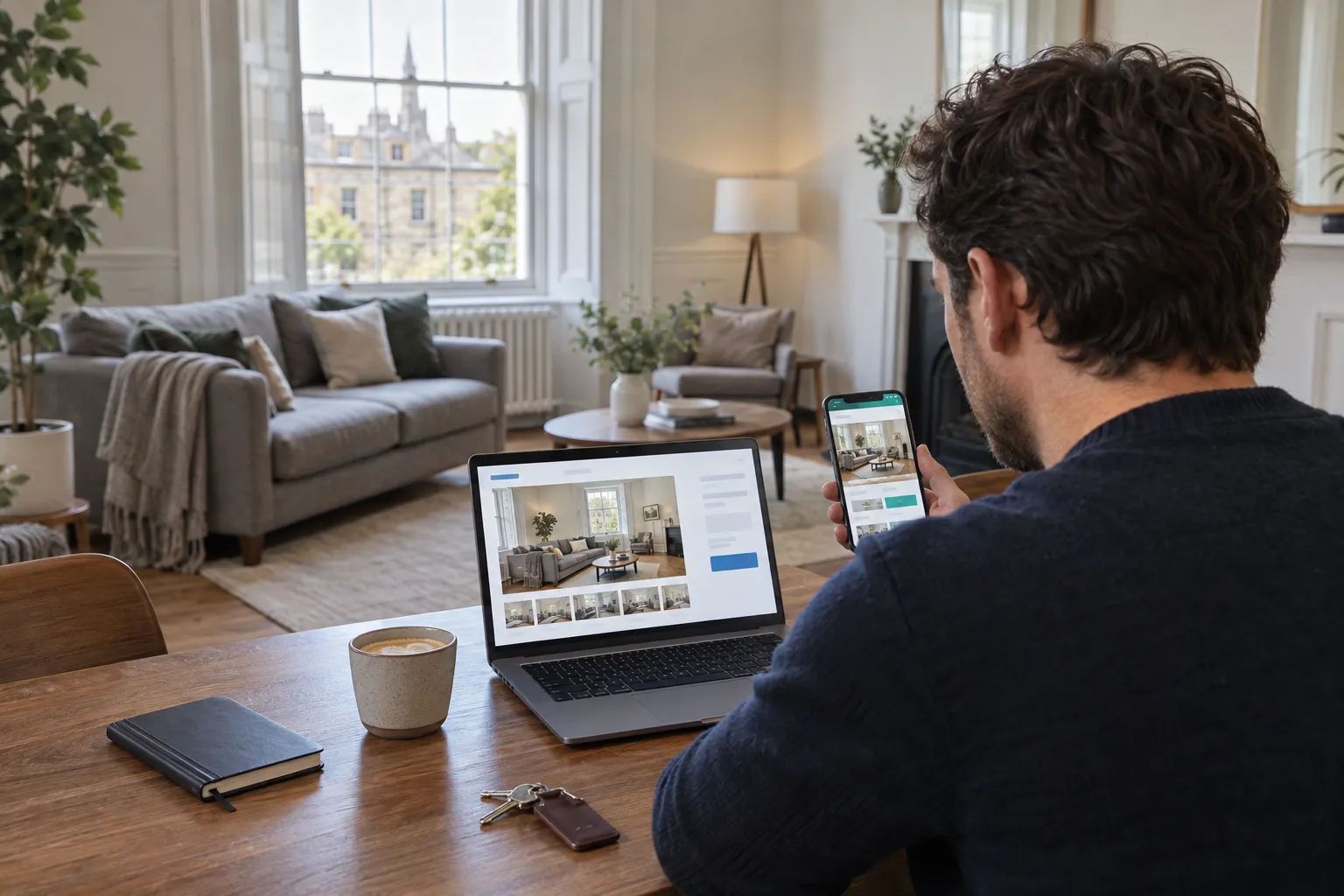 A man at a dining table holding a phone beside a laptop, both showing the same living room that is visible behind him