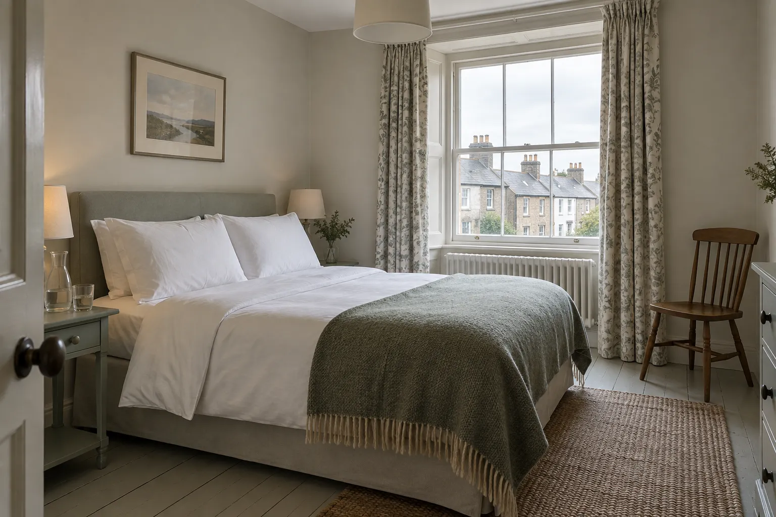 A made-up guest bedroom standing empty in flat midweek daylight, curtains open to a grey sky