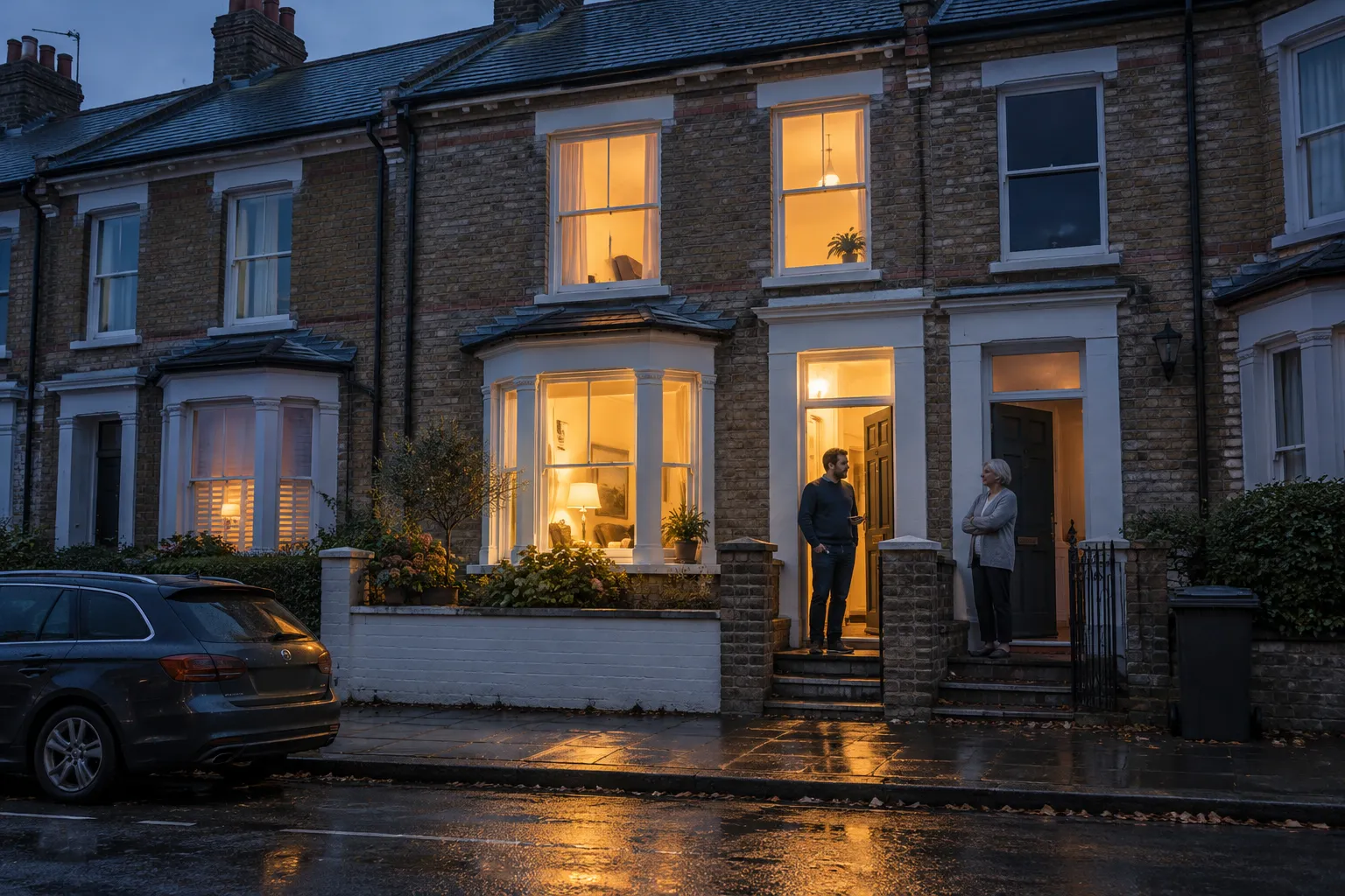 A terraced holiday let at dusk, its windows lit warm, where a host on the doorstep talks calmly with the next-door neighbour standing on her own step beside him