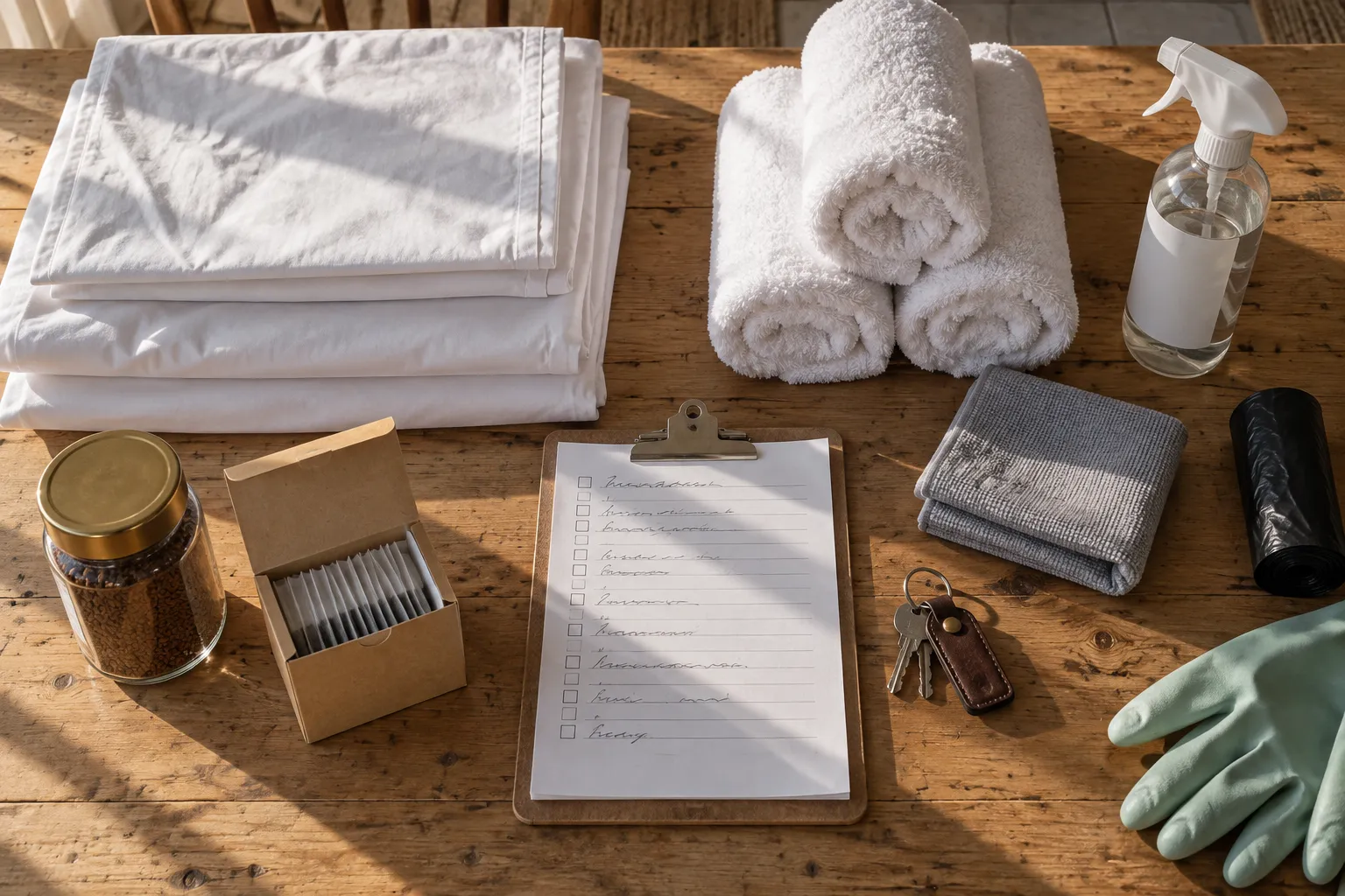 A changeover in progress seen from directly above: folded linen, cleaning cloths, a stack of fresh towels and a checklist on a kitchen table