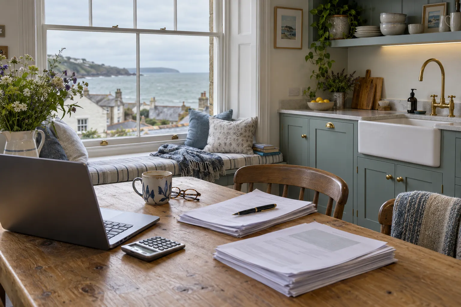 A kitchen table in a coastal cottage with paperwork, a calculator and a laptop, the sea and village rooftops through the sash window behind