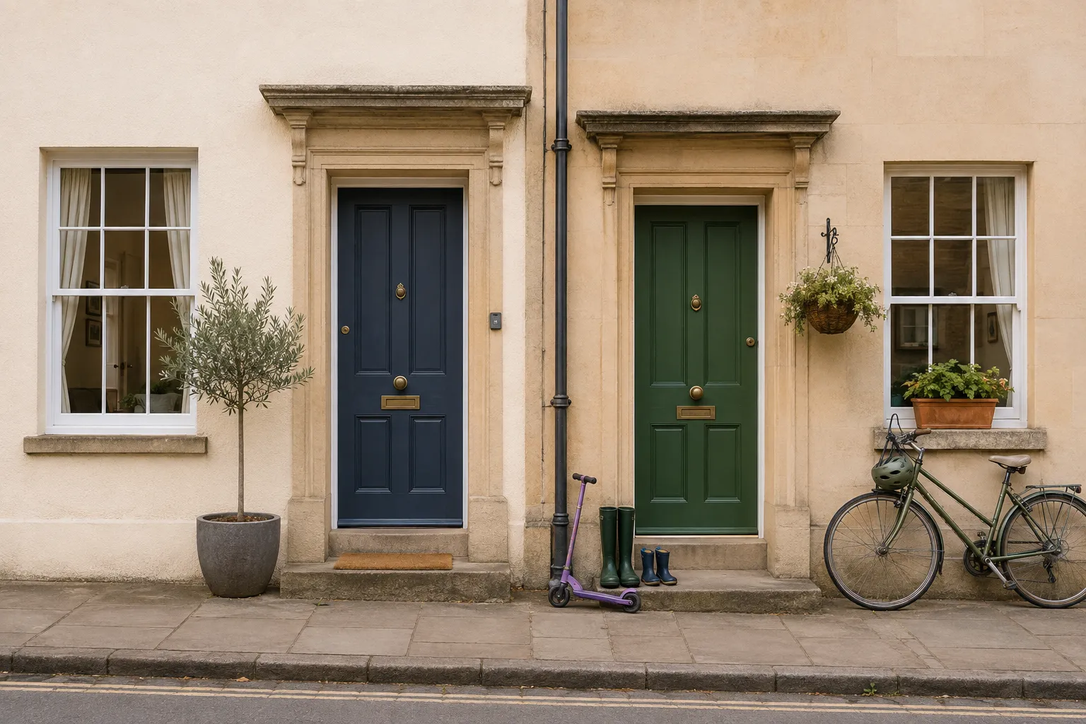 Two front doors side by side on a well-kept period terrace, one with a key safe, one with a scooter and wellingtons