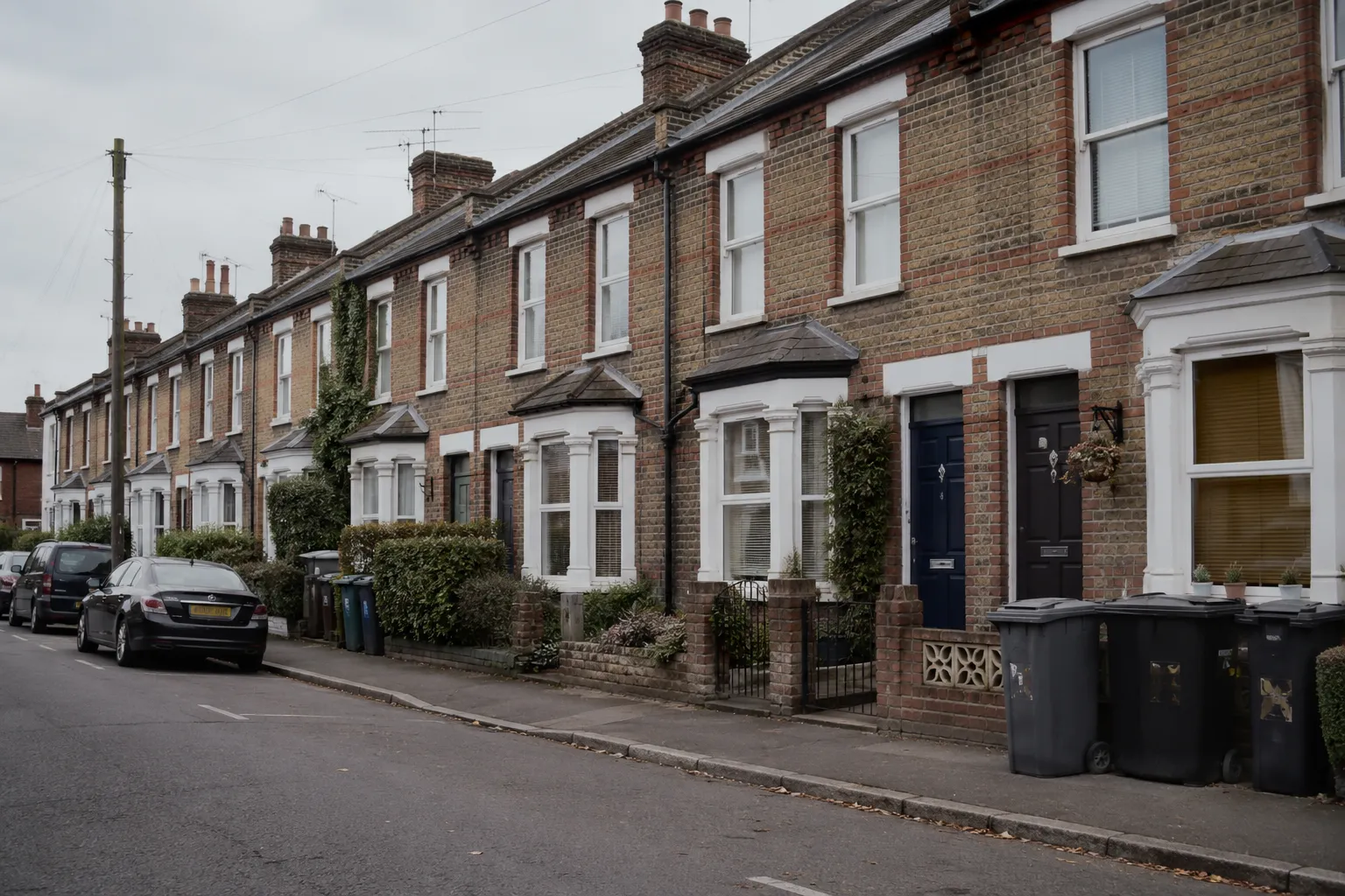 A row of UK brick terraced houses in soft daylight, one front door freshly painted