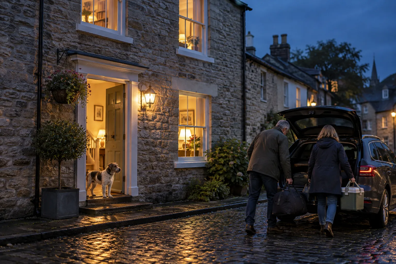 Guests unloading bags from an estate car outside a lit stone holiday cottage at dusk, the front door open and a dog waiting on the step