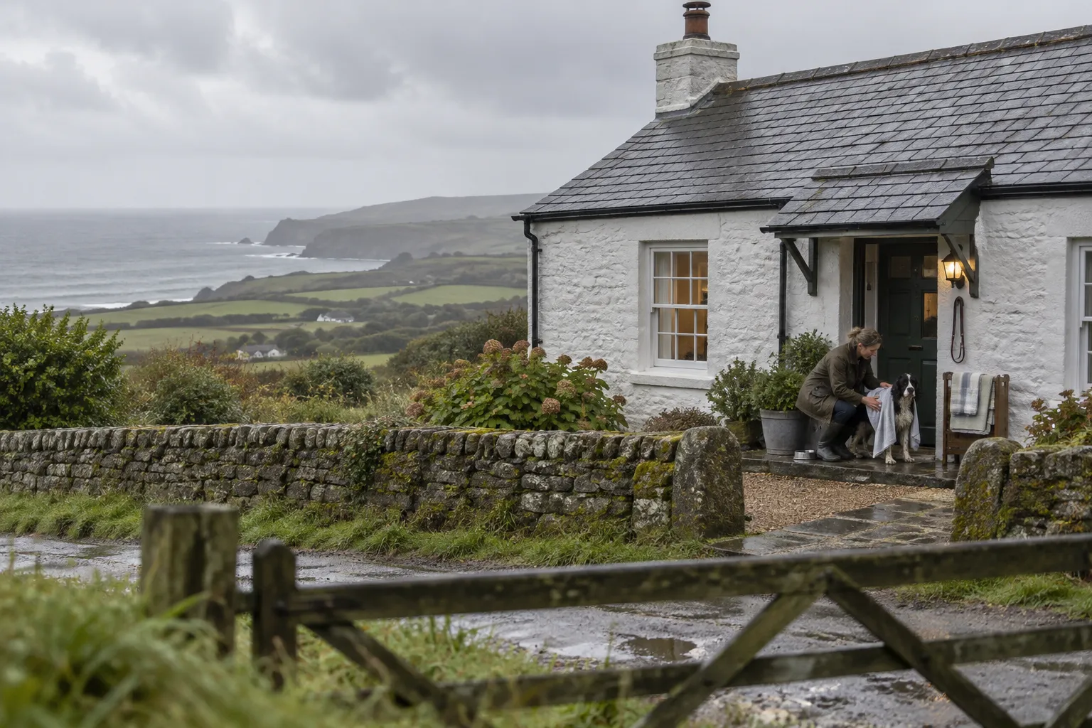 A whitewashed stone cottage above wet fields and a grey sea, where a guest in a waxed jacket towels down a muddy springer spaniel on the doorstep beside a dog bowl
