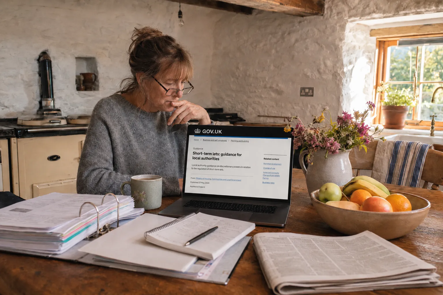 An owner at a farmhouse kitchen table in morning light, reading government short-term let guidance on a laptop