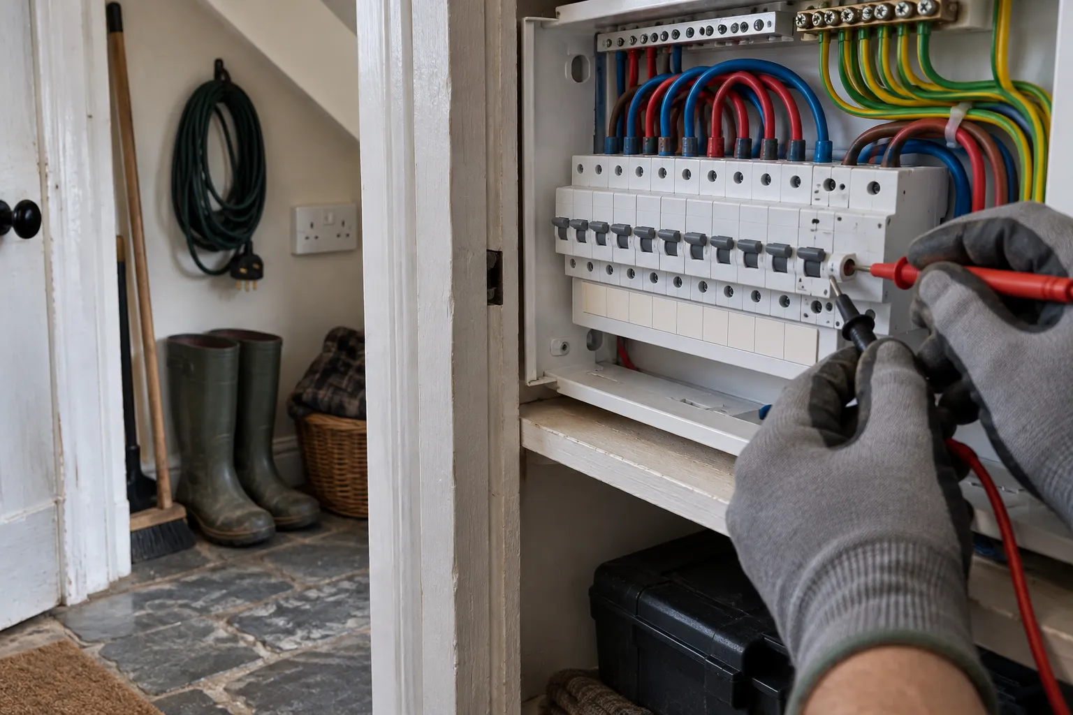 An electrician in grey work gloves holds red and black test probes against a circuit breaker in an open consumer unit, inside the understairs cupboard of a stone-floored cottage