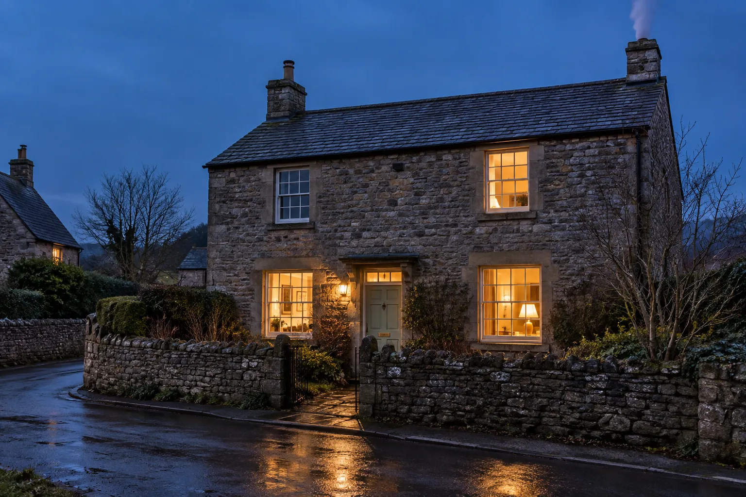 A stone holiday cottage at blue hour with warm light in the windows and smoke rising from the chimney