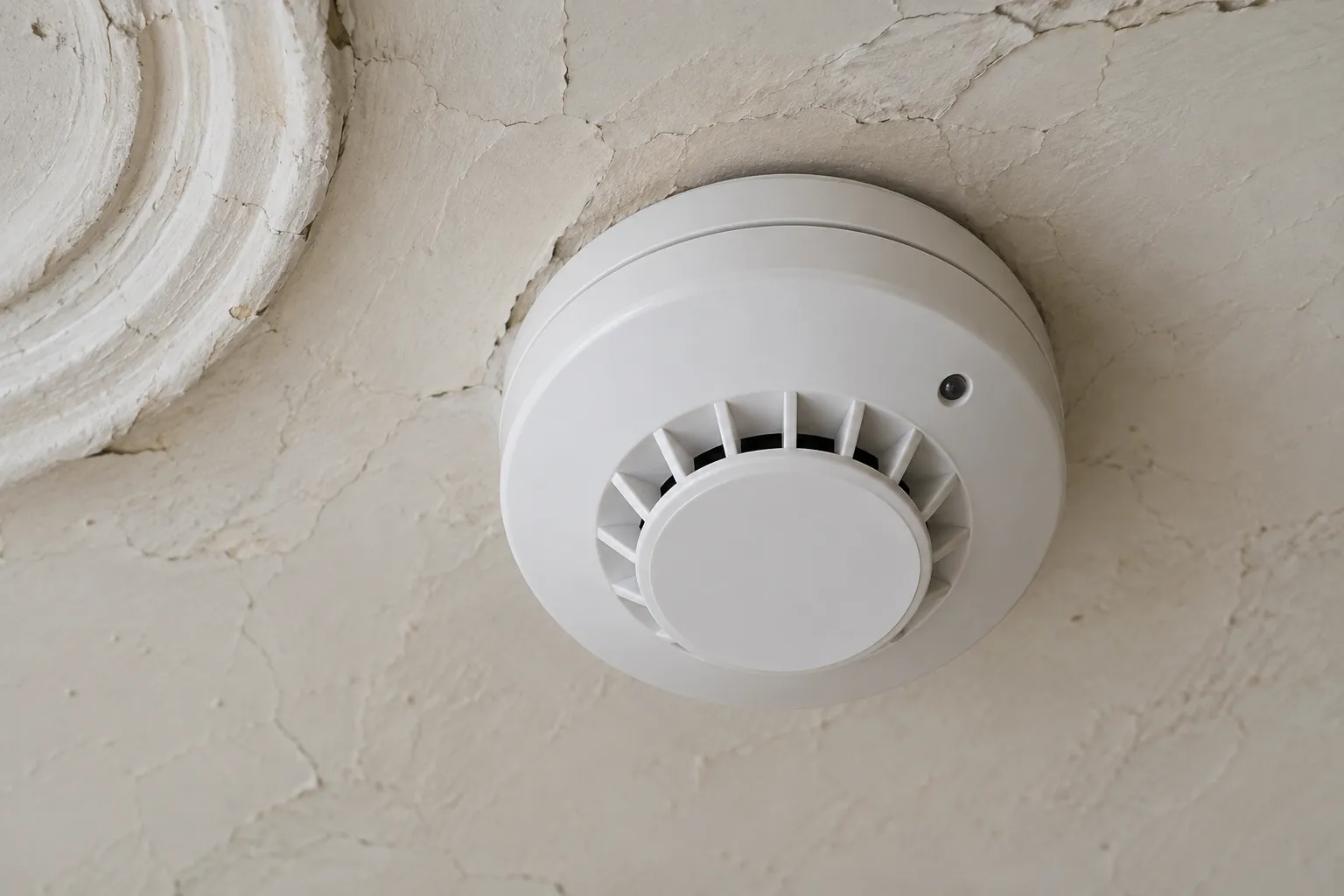 Close macro photograph of a white heat alarm fixed to a painted cottage kitchen ceiling beside an old plaster ceiling rose, flat overcast daylight