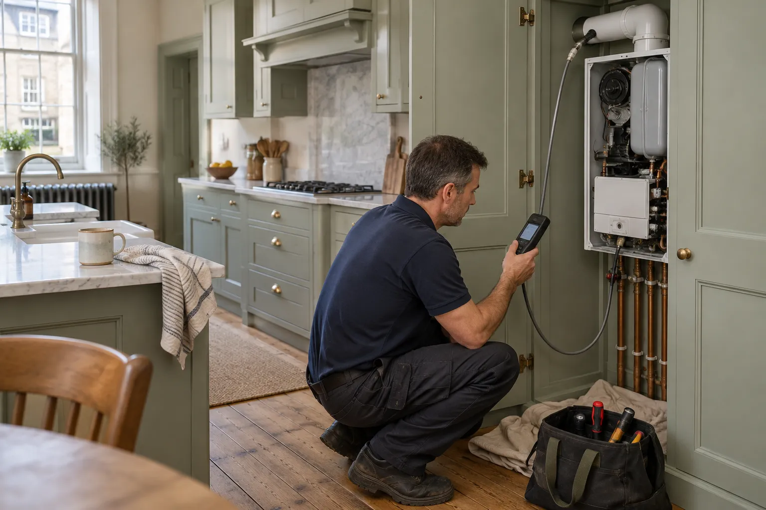A gas engineer crouches at an open kitchen cupboard in a period townhouse, reading a handheld flue gas analyser whose probe runs into the flue of a wall-hung boiler