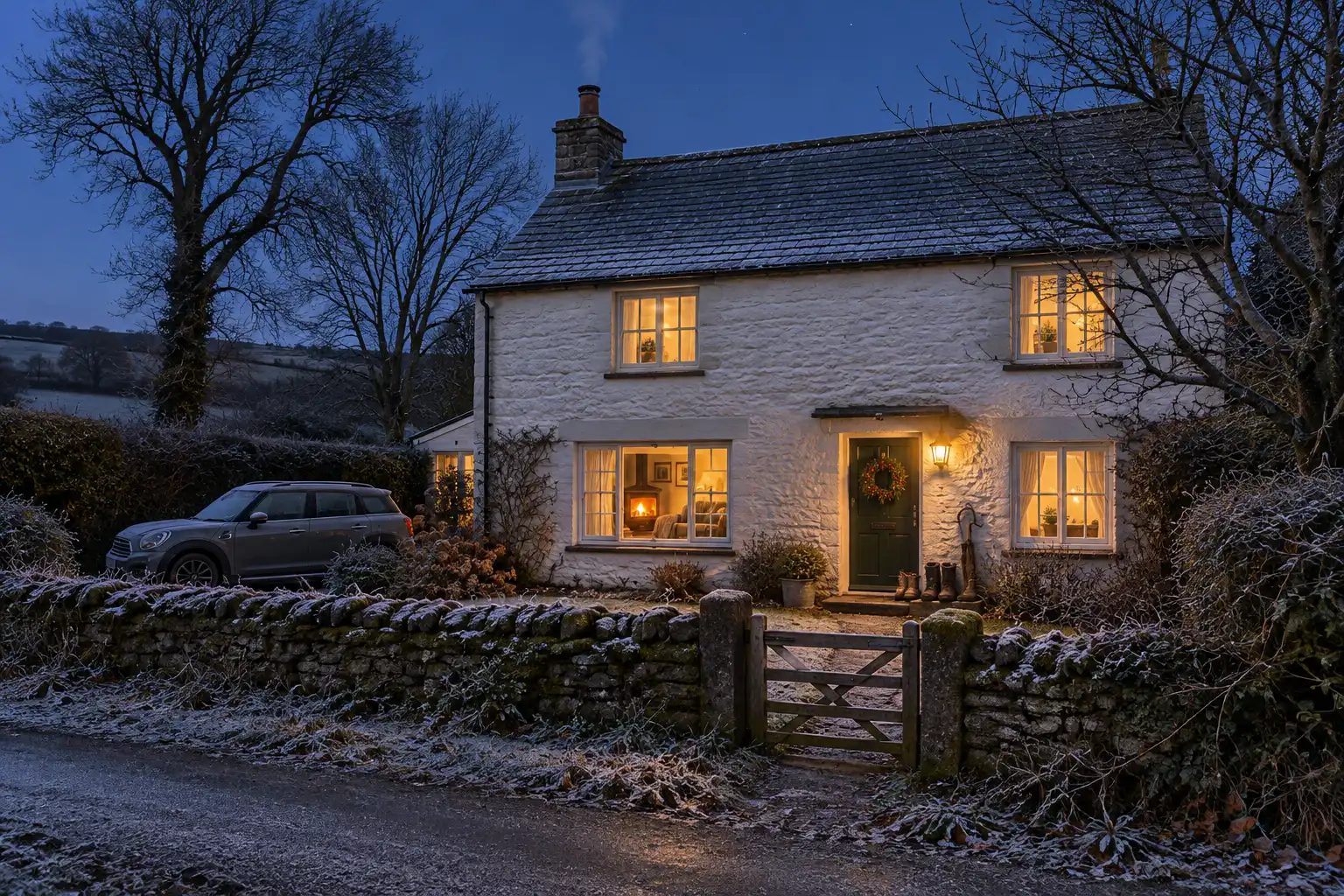 A whitewashed stone holiday cottage in the Devon countryside at dusk on a frosty winter evening, every window lit, a wood burner glowing in the sitting room, wood smoke rising from the chimney, a holly wreath on the green front door and walking boots lined up on the step