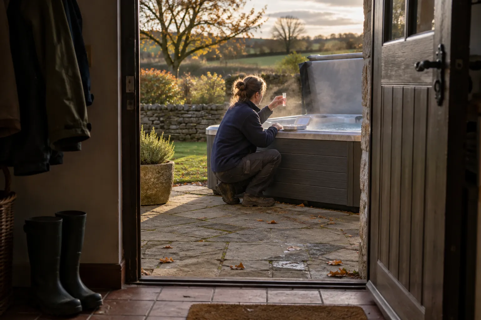Seen through the open back door of a stone cottage, a caretaker crouches beside a steaming garden hot tub and holds a small water-test tube up to the low autumn sun, a test kit open on the tub's edge