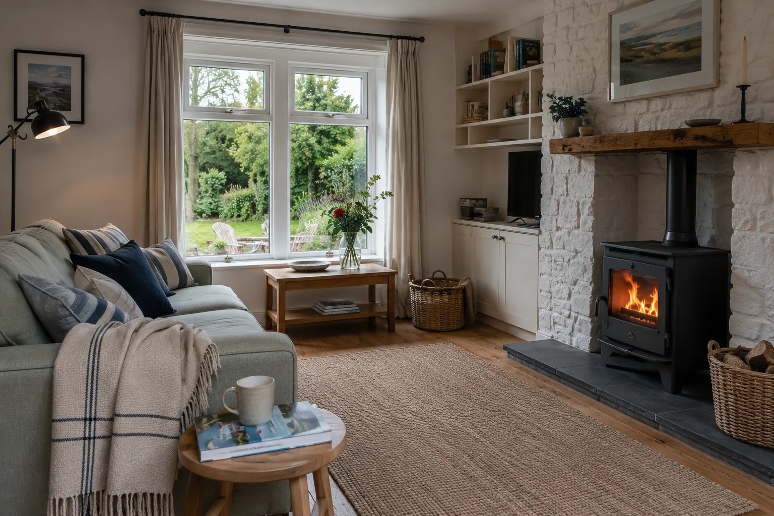 A bright holiday-let sitting room with a wood-burning stove, a sofa and a garden view
