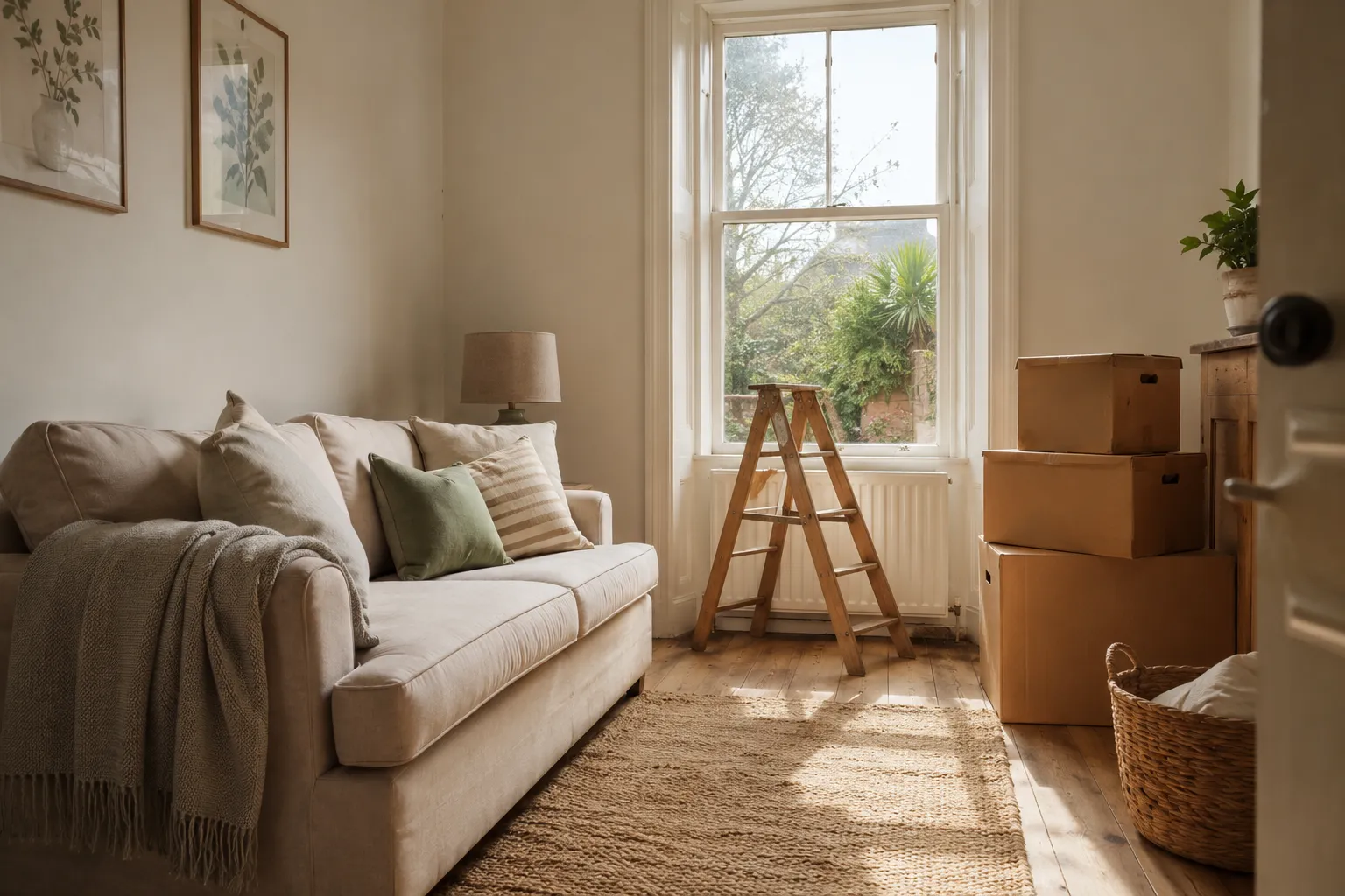 A bright holiday-let living room mid-setup, cushions and a folded throw on the sofa and a stepladder by the window