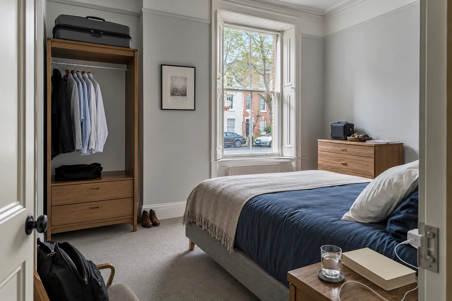 A let bedroom set up for a long stay, with work clothes hung up and an empty suitcase stowed on top of the wardrobe