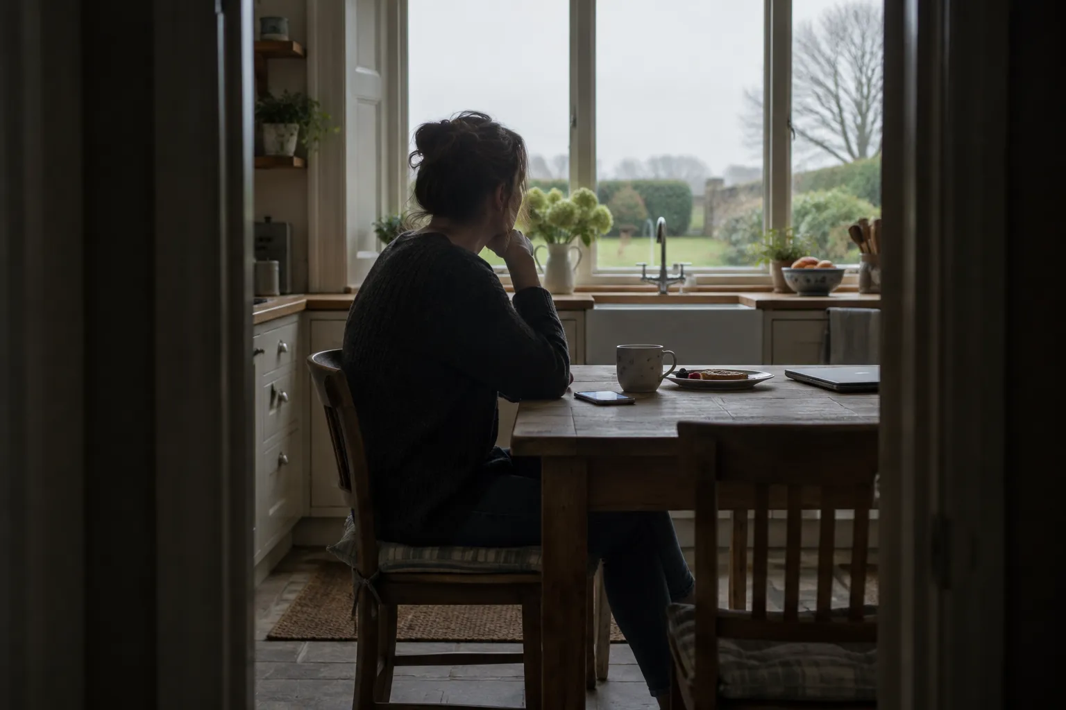 A holiday cottage owner seen through a kitchen doorway at an early morning table, phone face up beside a cold mug and an unopened laptop