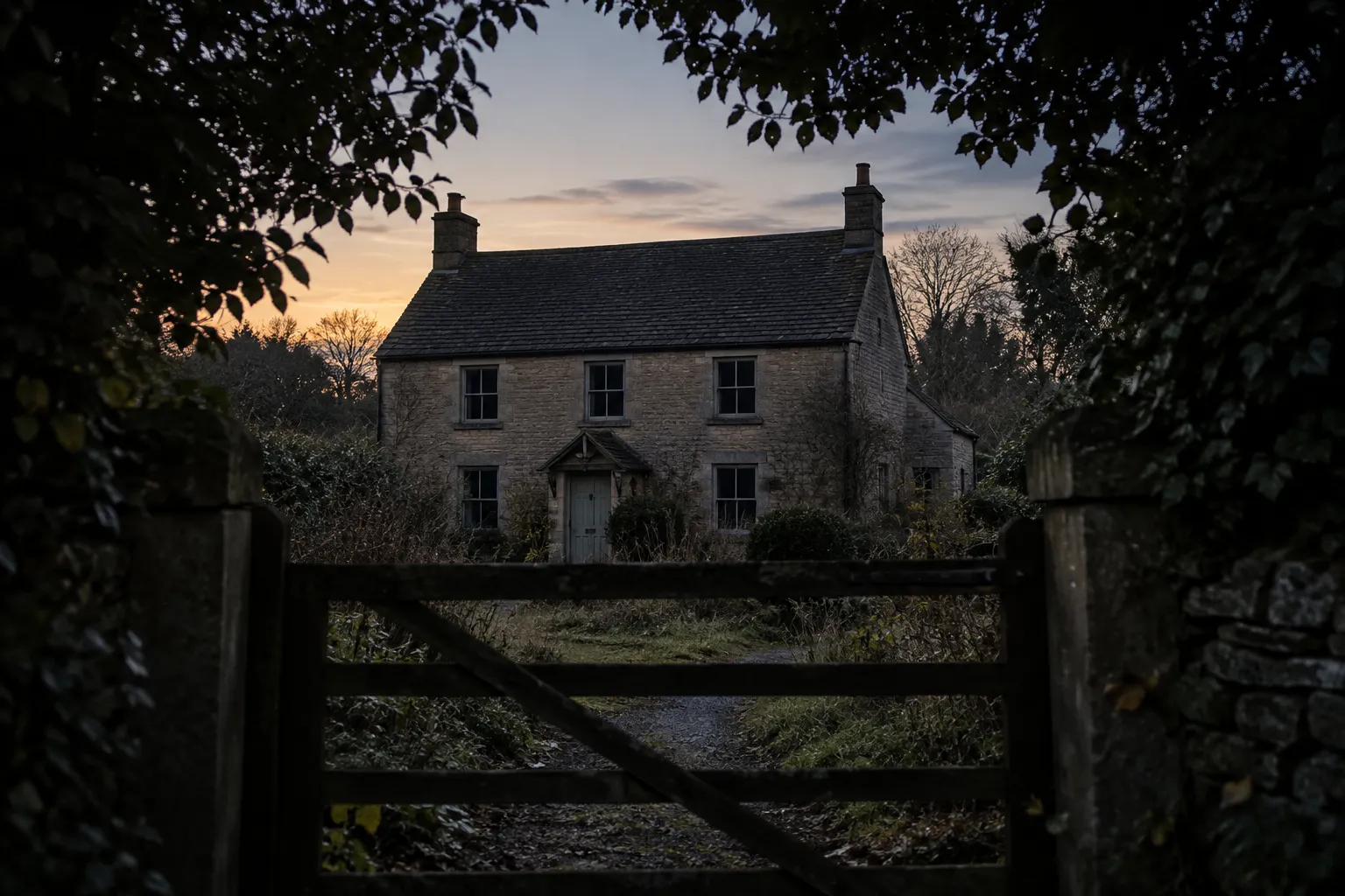 A stone cottage seen through a gate at dusk with no lights on in any window, the doorway framed by dark foliage