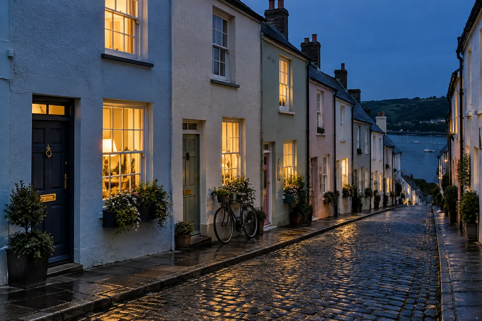 A terrace of painted cottages on a narrow South West coastal village street at dusk, some windows lit warm and others dark