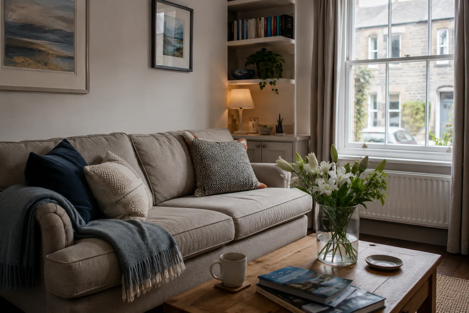 A guest-ready living room in a UK holiday let, styled and ready for check-in