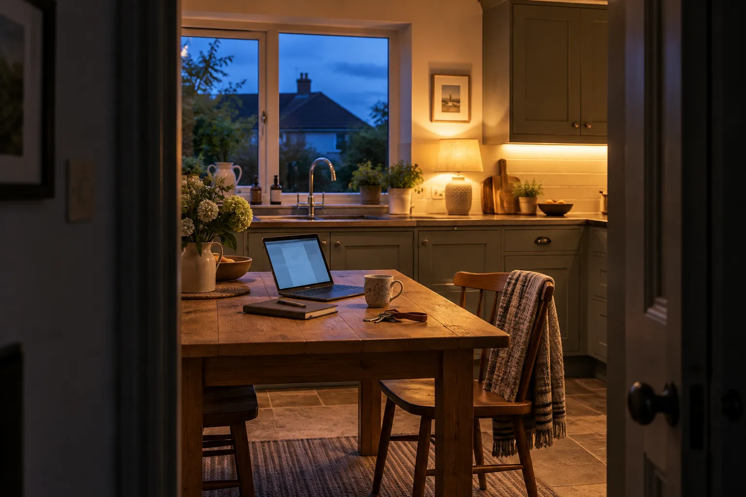 A kitchen seen through a doorway at dusk, a laptop open on the table beside a lamp, nobody in the room