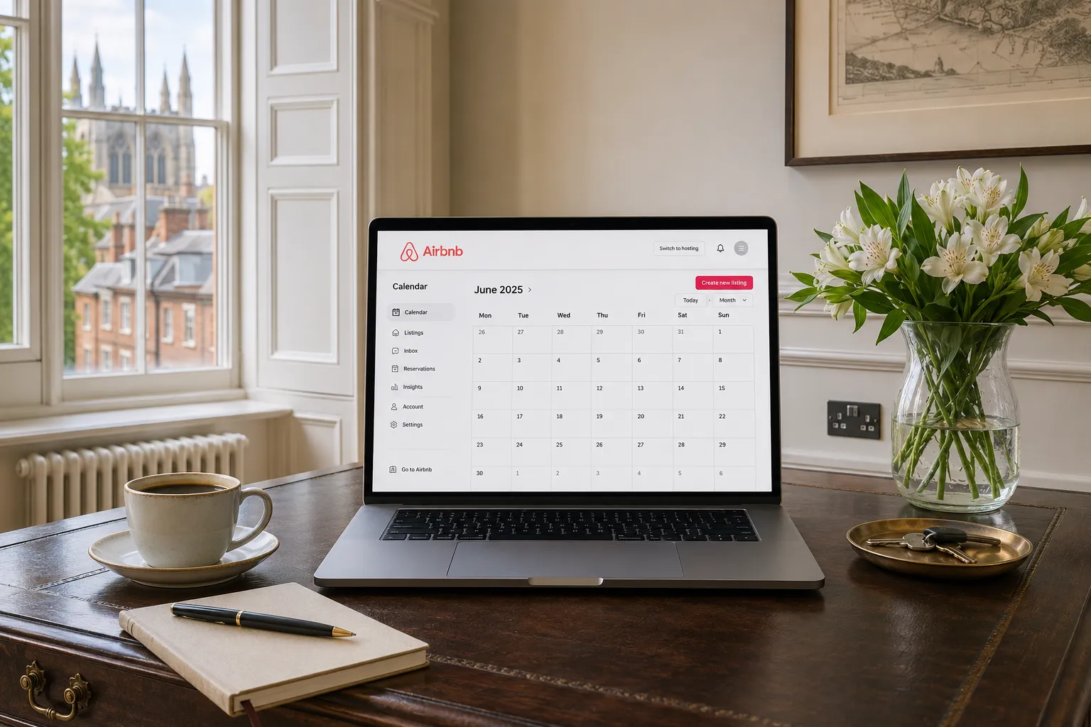 A laptop on a desk by a tall sash window, its screen showing an almost empty Airbnb host calendar
